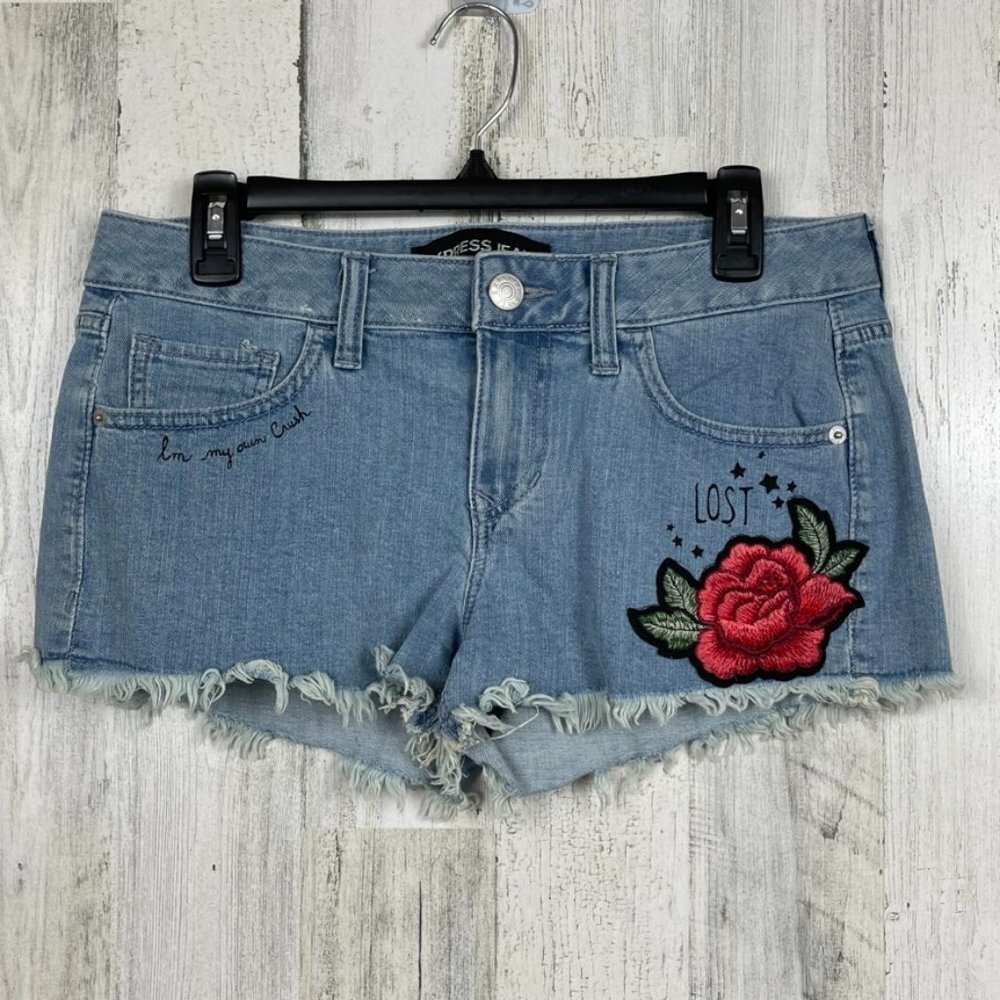 Express Jeans denim cut off shorts‎ embroidered rose Y2K festival boho blue 6